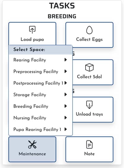 Farm Hub production-management task screen with activities and a selector for the facility area.