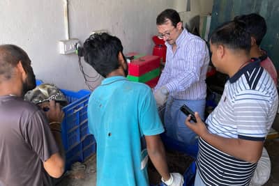 People working with blue crates and rearing material during a hands-on training session.