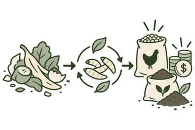 Vegetable scraps, black soldier fly larvae, and the animal feed, fertiliser and income they lead to.