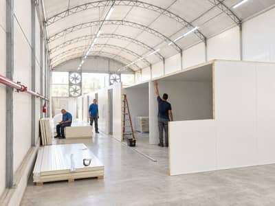 Workers installing insulated wall modules inside a hall under construction.