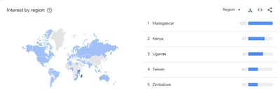 World map of the regions where black soldier fly rearing is trending, led by African countries