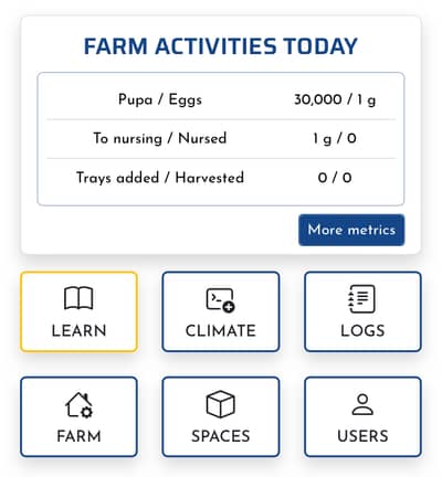 Farm Hub activity screen with example production counts and menu buttons.