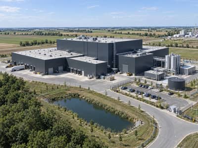 Aerial view of a large factory site with production halls, silos, a storage tank and an access road.