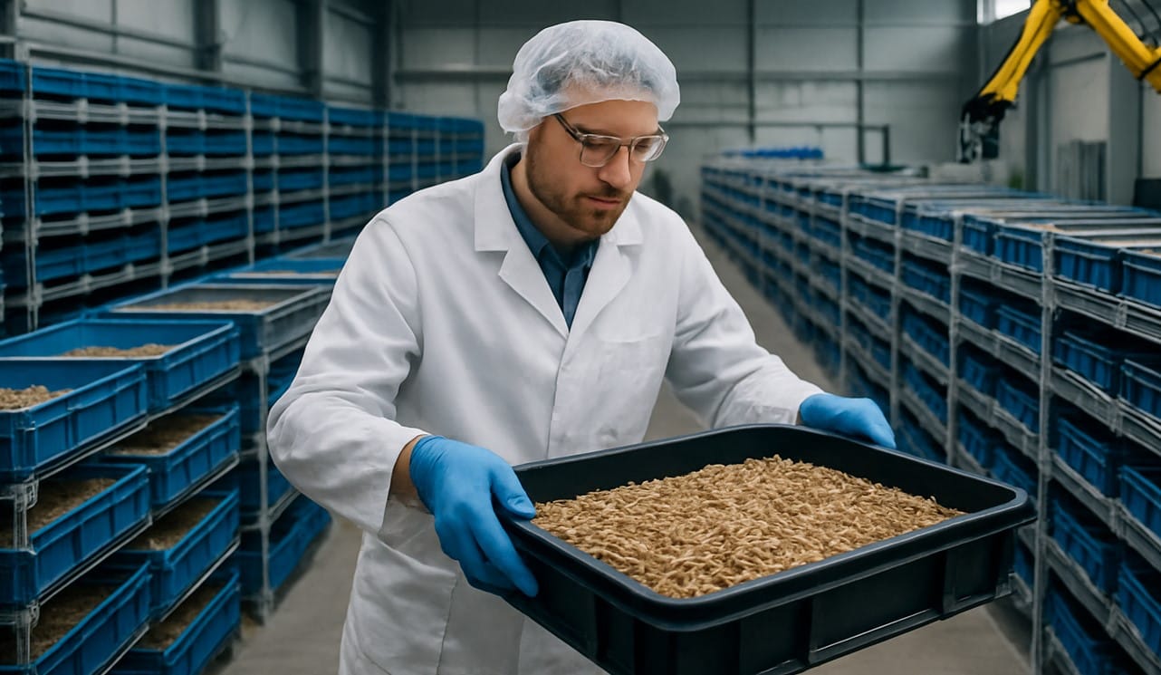 BSF farmer holding an insect tray | Role of climatization | Manna Insect
